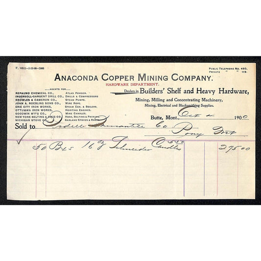 Anaconda Copper Mining Company 1900 Billhead Isdel Mercantile, Pony, MT