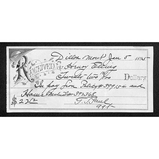 Dillon Montana Henry Elling 1895 Payment Receipt - Nice Bold Hand Writing
