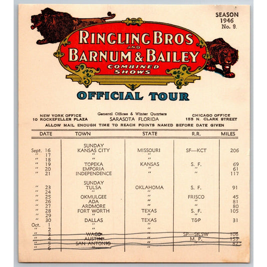 1946 Ringling Bros Barnum Bailey Circus Route Card Kansas City Topeka Tulsa