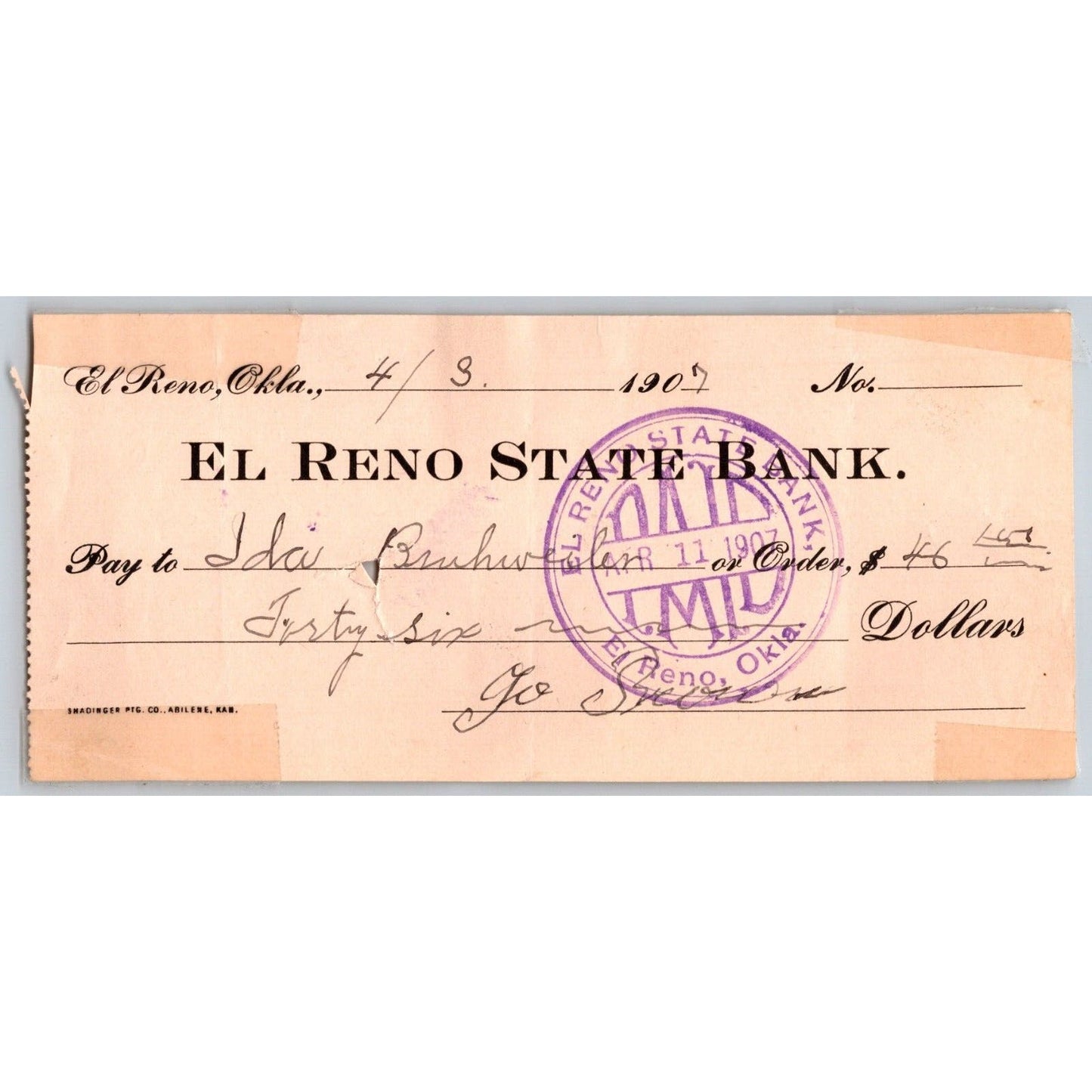 El Reno, Ok 1907 Territorial "El Reno State Bank" w/ Bold Stamp - Scarce