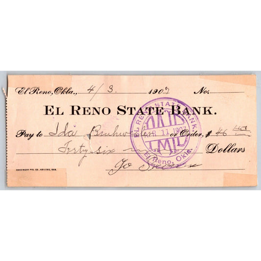 El Reno, Ok 1907 Territorial "El Reno State Bank" w/ Bold Stamp - Scarce