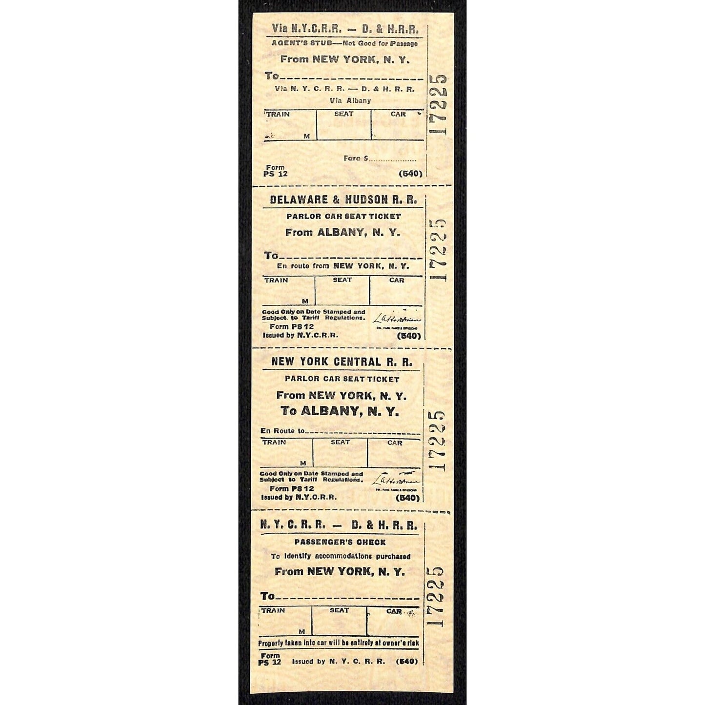 N.Y.C.R.R. - D. & H. R. R. New York / Albany SAMPLE Ticket c1960's Scarce #17225