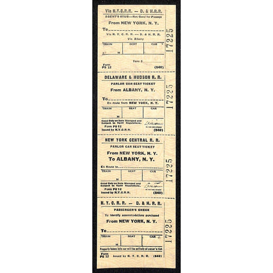 N.Y.C.R.R. - D. & H. R. R. New York / Albany SAMPLE Ticket c1960's Scarce #17225