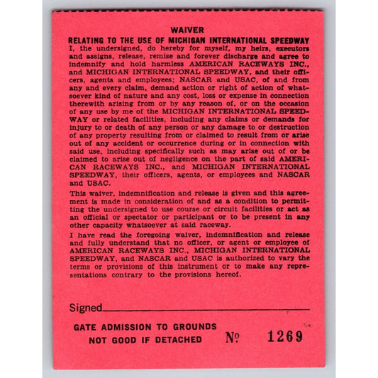 Michigan International Speedway Waiver / Hold Harmless Signature Card 1269