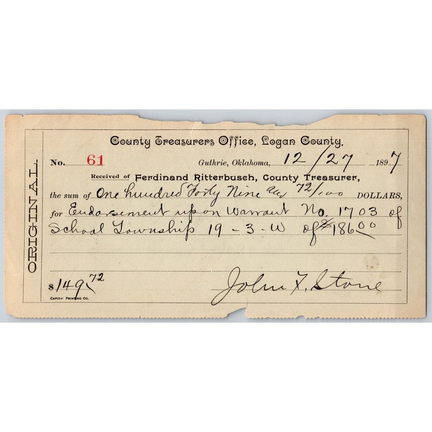 Guthrie, OK 1897 Territorial County Treasurers Office Receipt re: Warrant