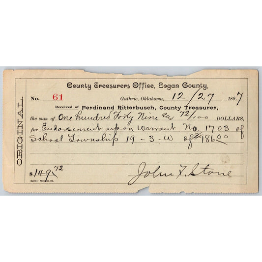 Guthrie, OK 1897 Territorial County Treasurers Office Receipt re: Warrant