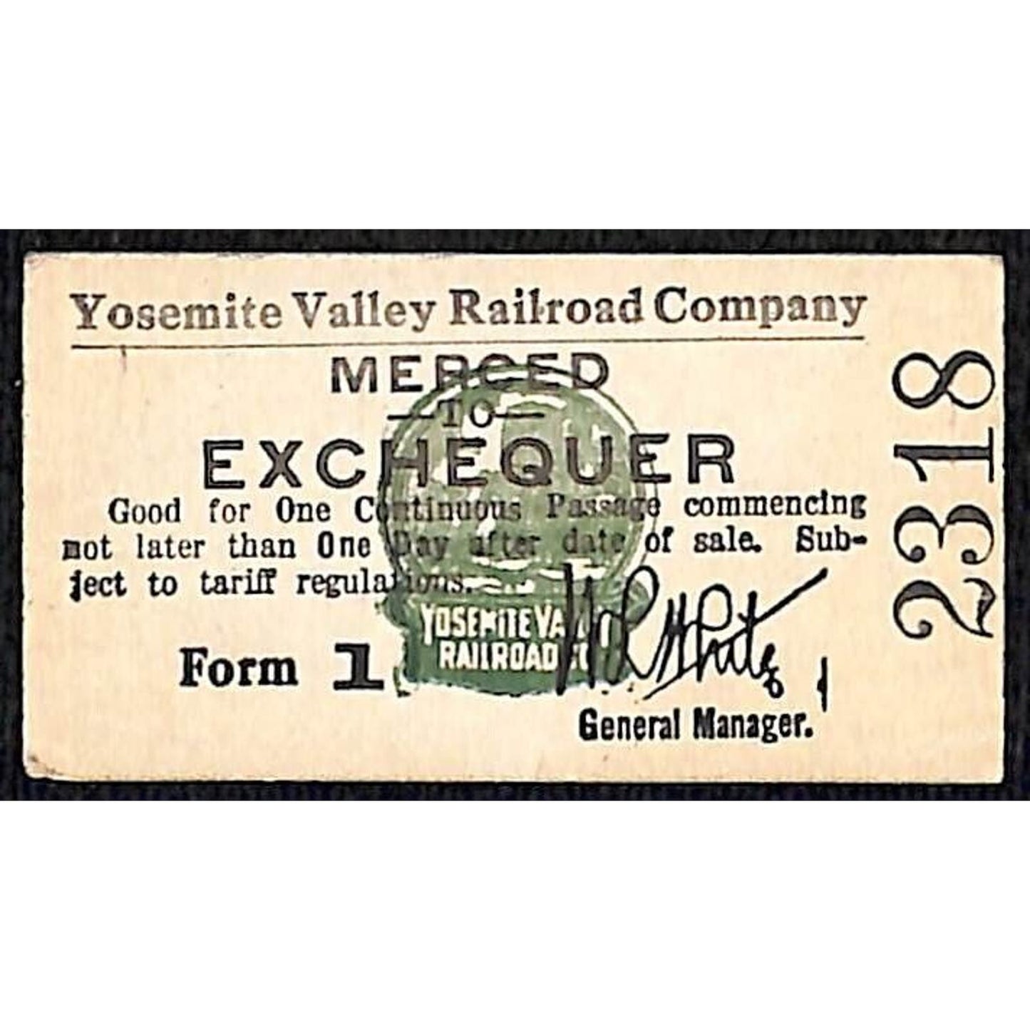 Yosemite Valley Railroad Ticket 1936 Merced to Exchequer #2318 Unused