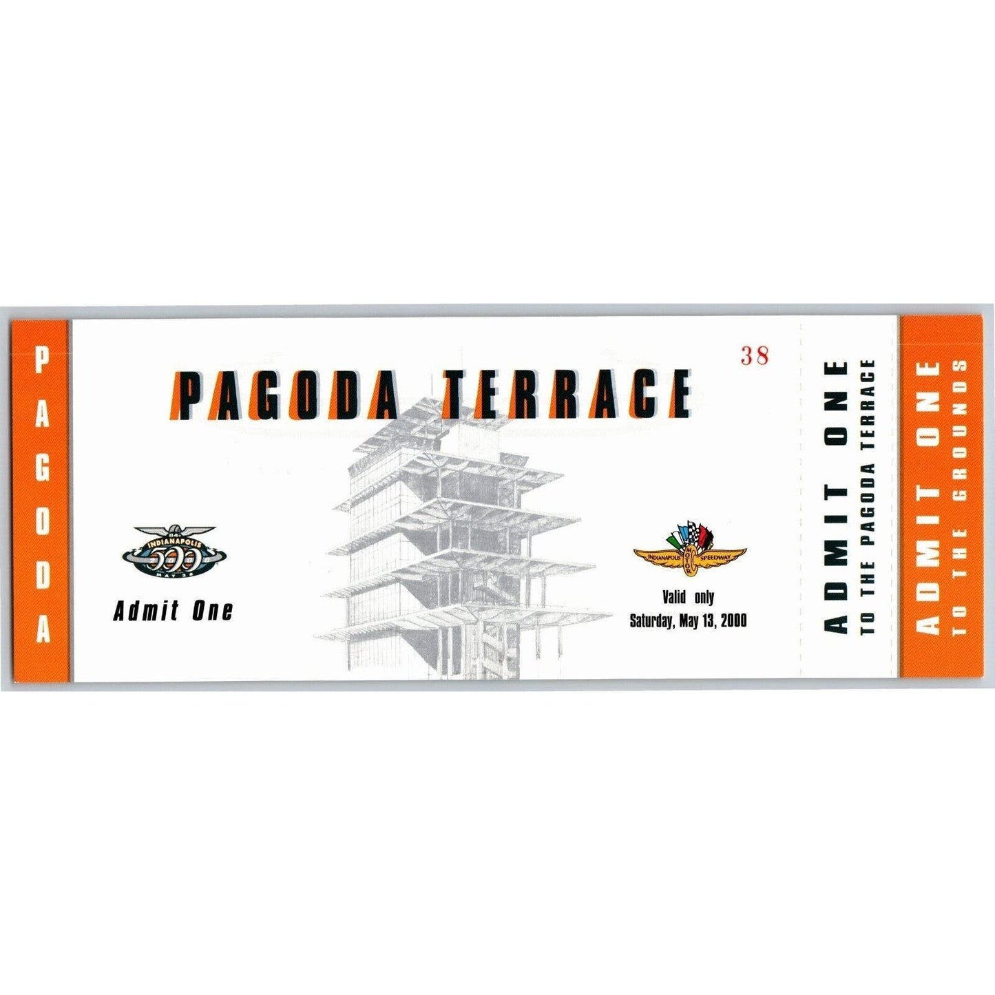 2000 Indy 500 (1st Day Saturday Practice) Pagoda Terrace Unused Ticket IMS #38