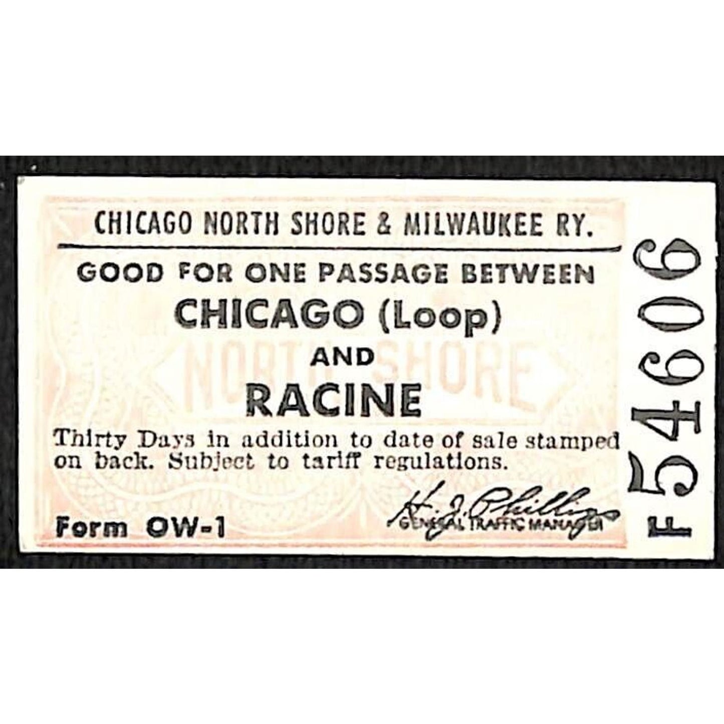 Chicago North Shore & Milwaukee RY c1947-50's Ticket Racine #54606