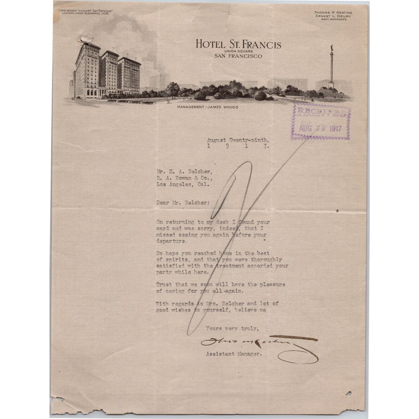 Hotel St. Francis San Francisco 1917 Letterhead Stationary R.A. Rowan - Scarce
