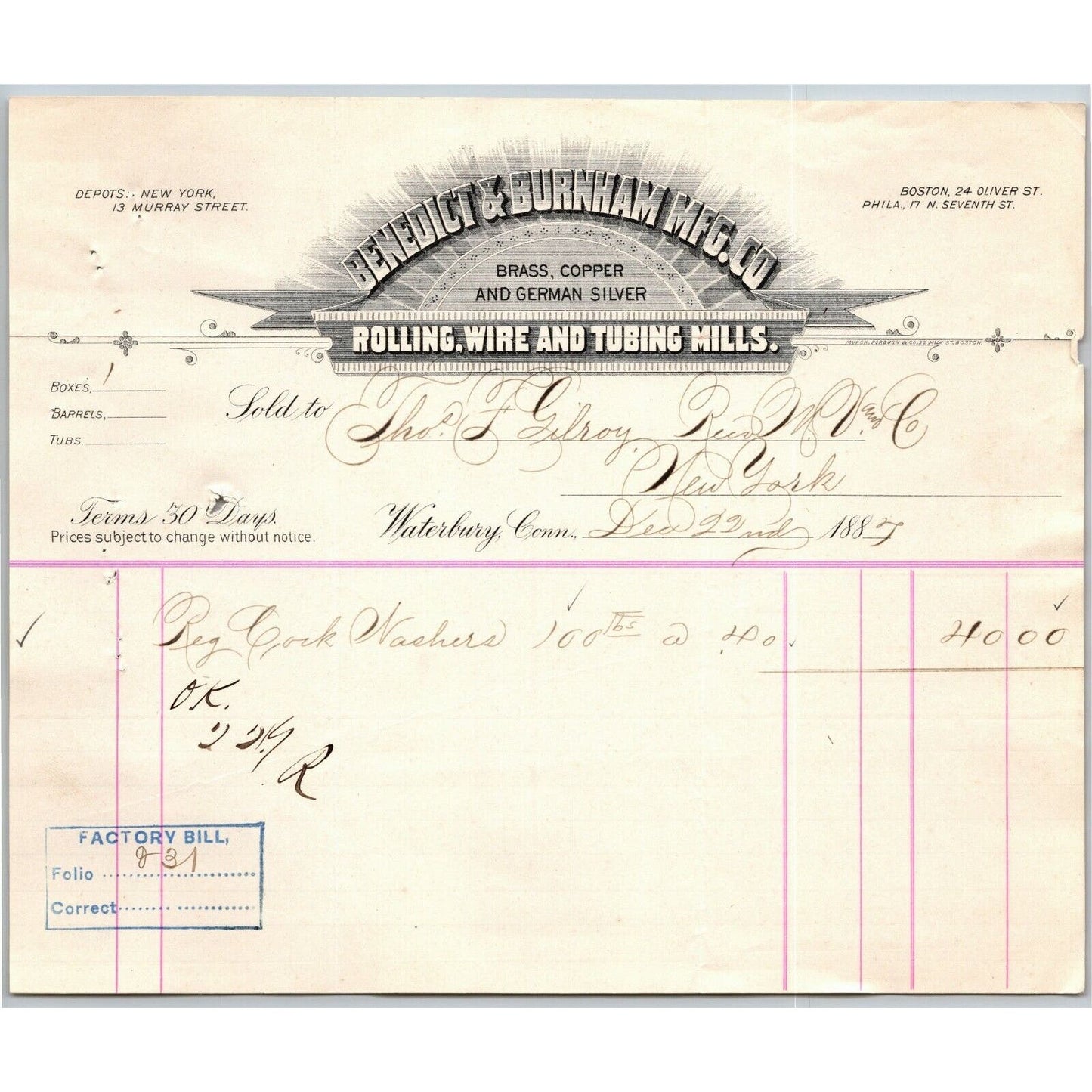 1887 "Benedict & Burnham Mfg. Co" Silver Billhead Letterhead Waterbury - CONN