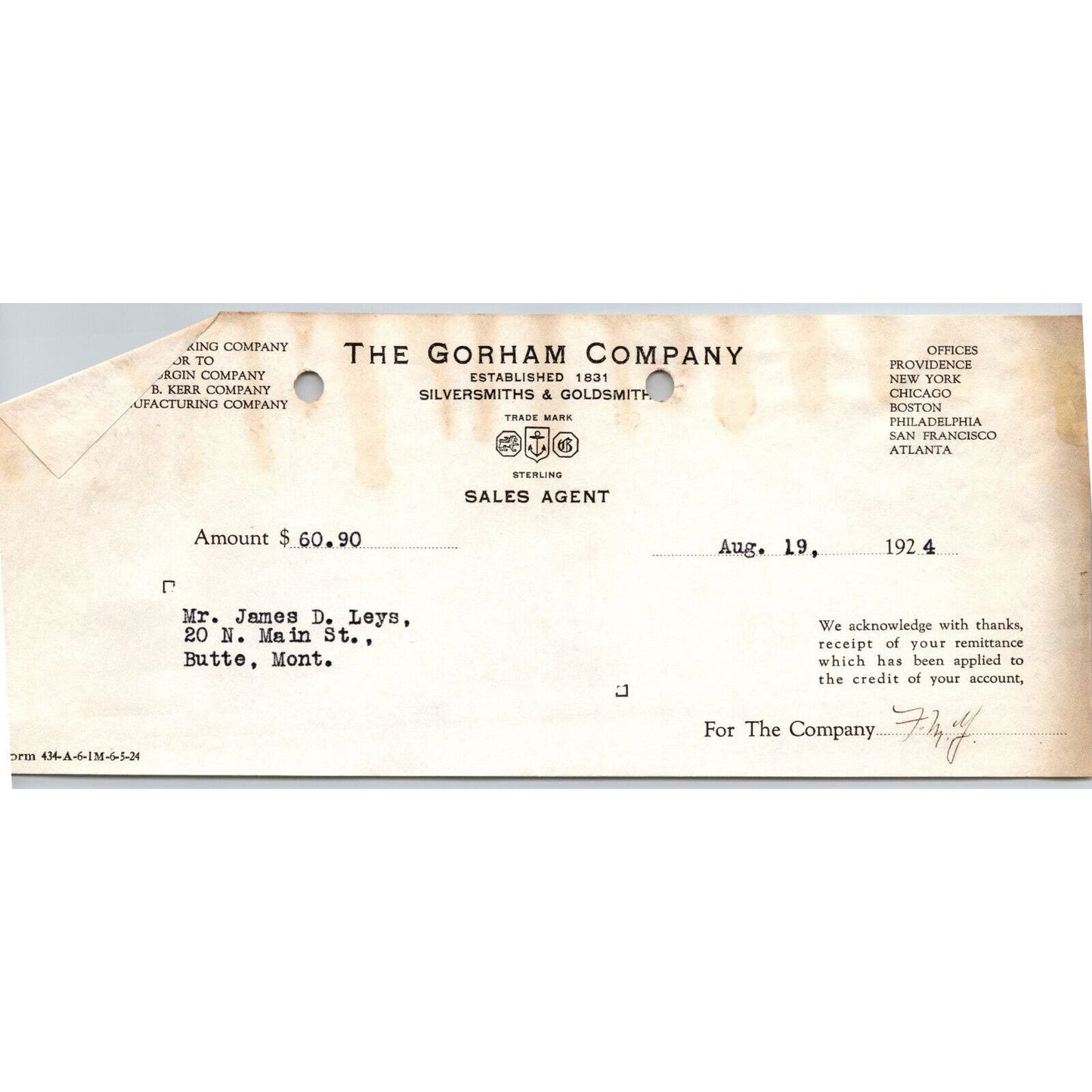 Gorham Company Silversmiths Goldsmiths 1924 "Leys" Billhead $60.90 Receipt