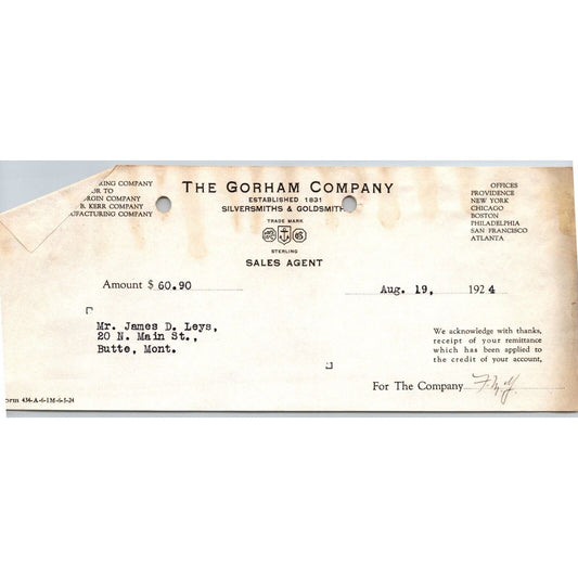 Gorham Company Silversmiths Goldsmiths 1924 "Leys" Billhead $60.90 Receipt