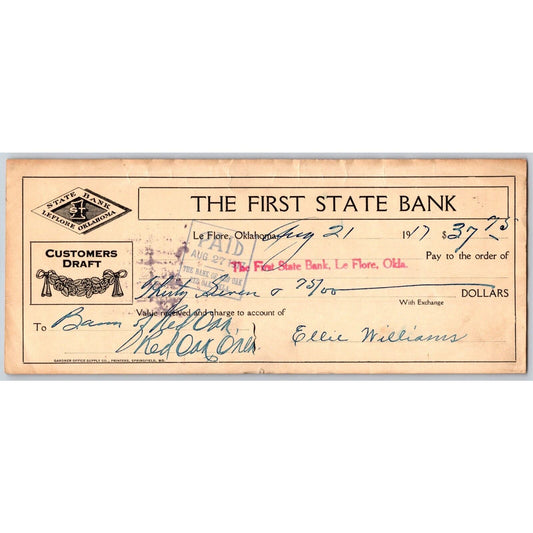 Le Flore, Oklahoma 1917 "The First State Bank" Check - Scarce