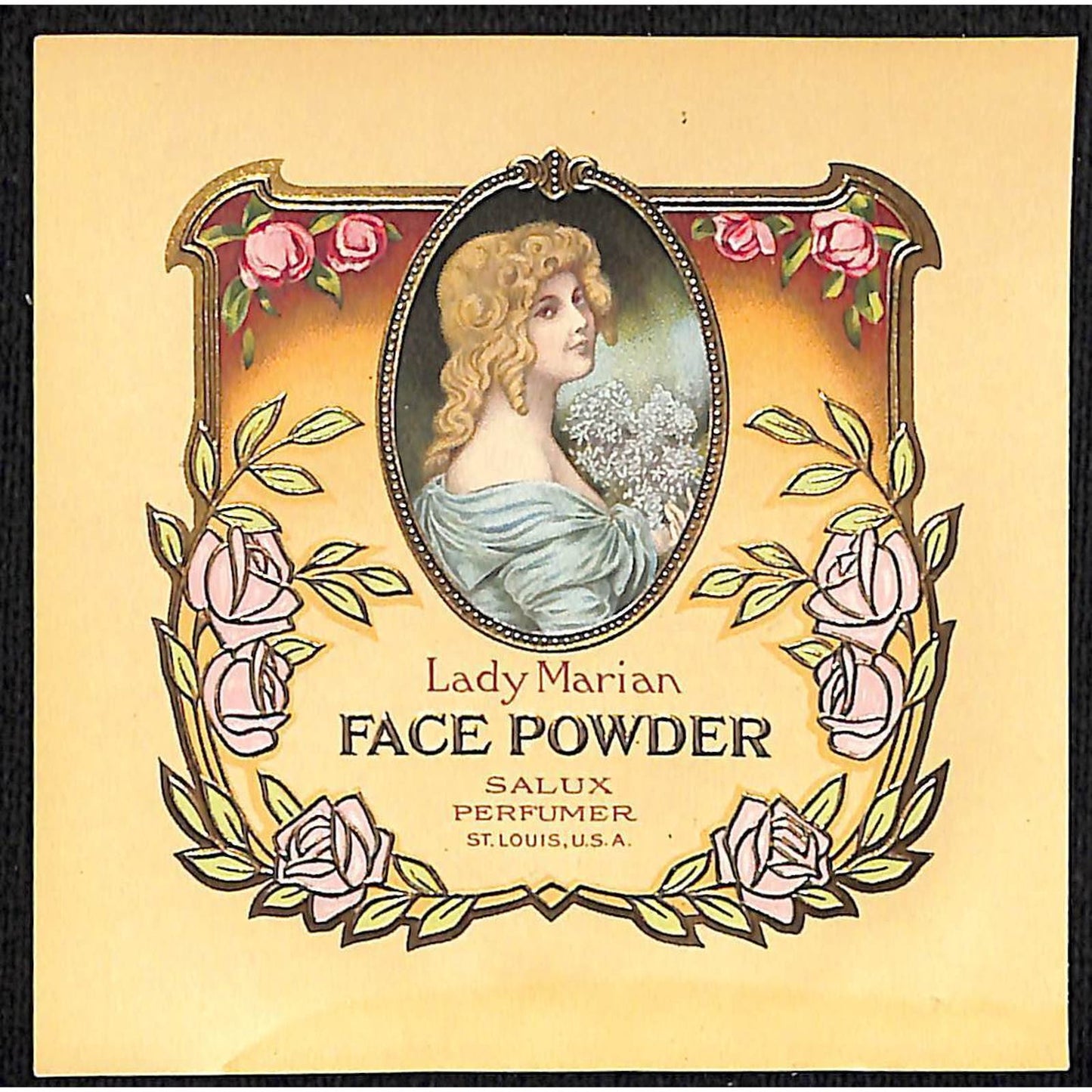 Lady Marion Face Powder Salux Perfumer St. Louis Paper Label NOS VGC Gilt Emboss