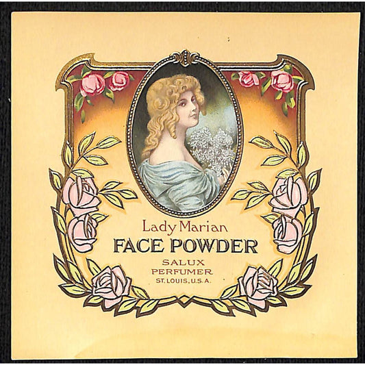 Lady Marion Face Powder Salux Perfumer St. Louis Paper Label NOS VGC Gilt Emboss