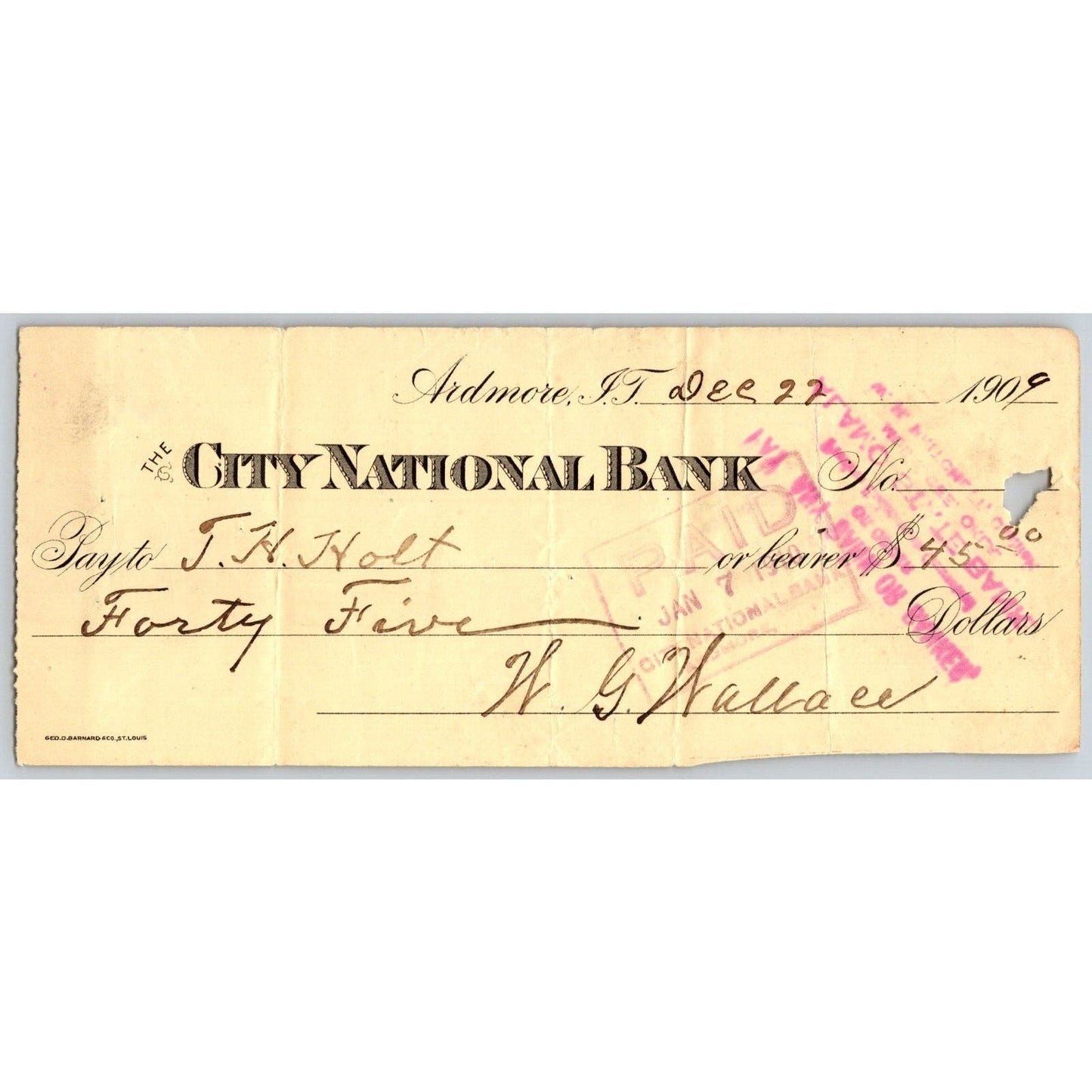 Ardmore, OK 1907 Indian Territory* City National Bank Check $45 - Scarce
