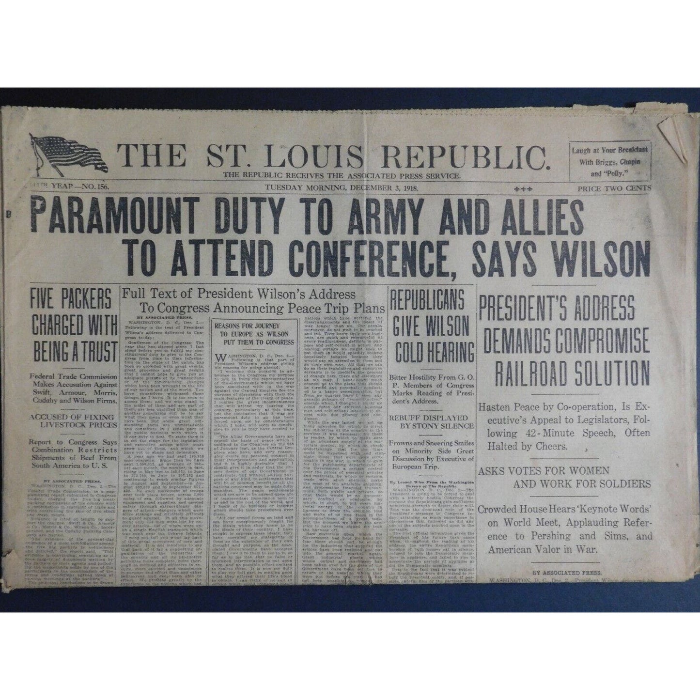 WWI Era Newspaper - St. Louis Republic - Dec 3 1918 - 12 pgs.