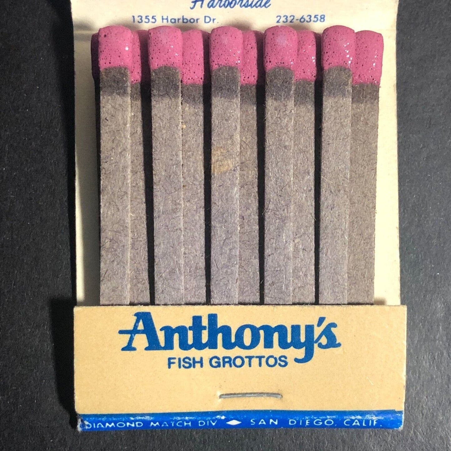 Anthony's Fish Grottos San Diego La Jolla La Mesa CA Full Matchbook c1973-79