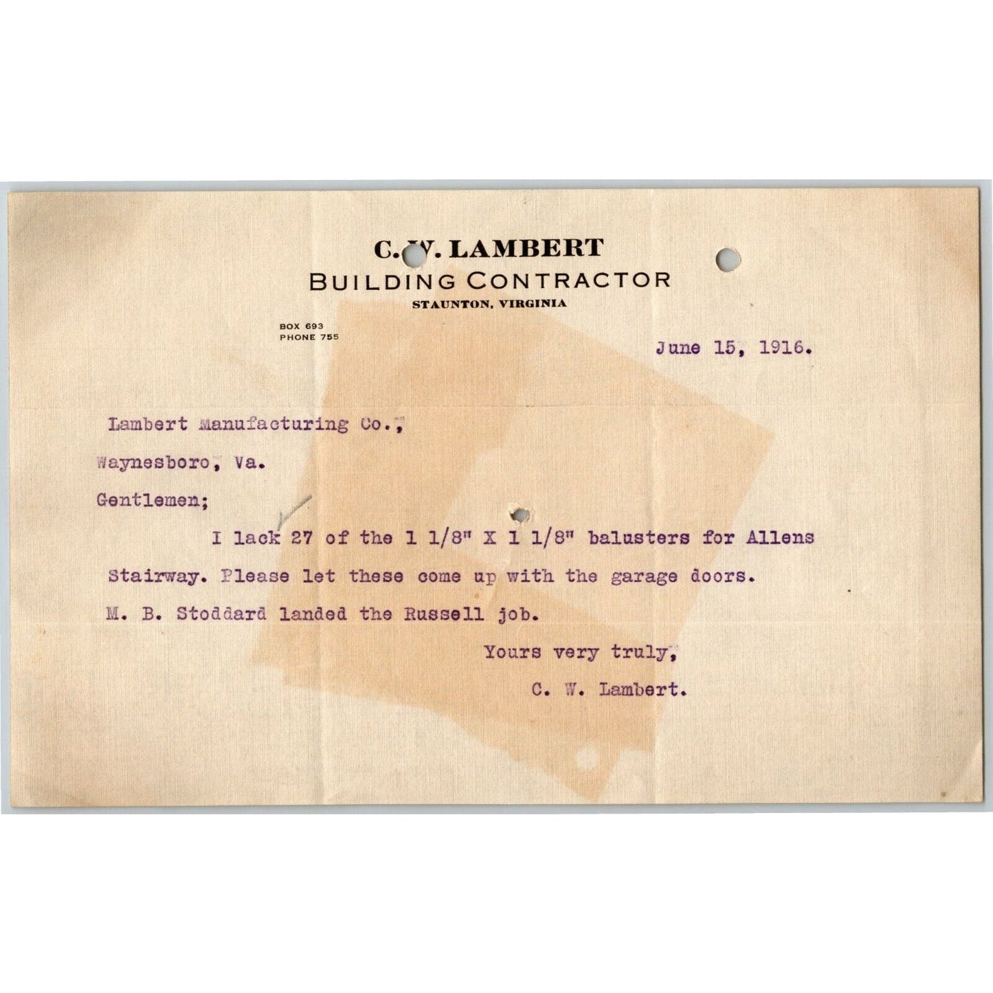1916 Scarce C.W. Lambert Building Contractor Staunton, VA Letterhead Billhead