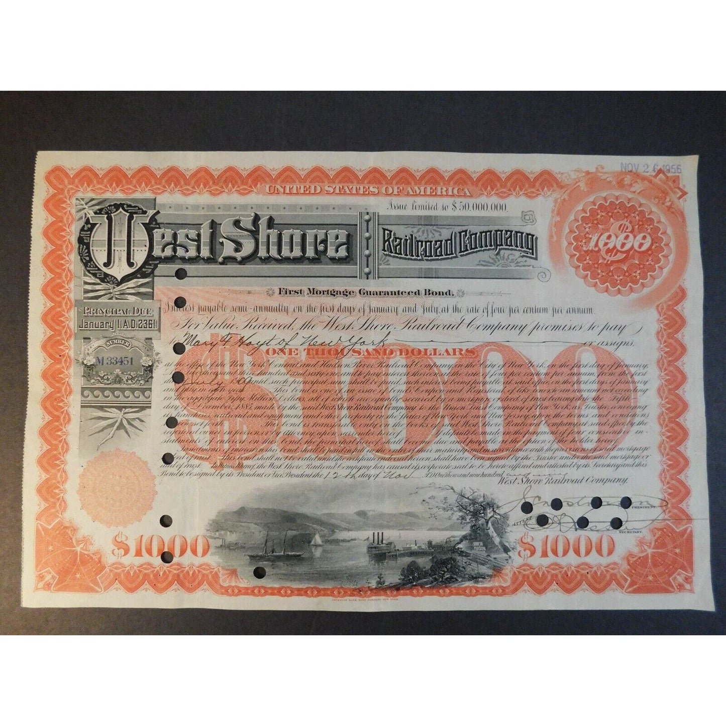 Large 1902 Stock Cert. Bond "West Shore Railroad Co" NYC & Hudson R.R.