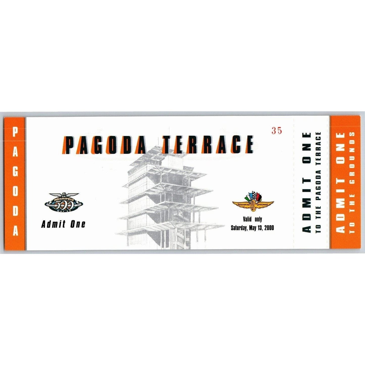 2000 Indy 500 (1st Day Saturday Practice) Pagoda Terrace Unused Ticket IMS #35