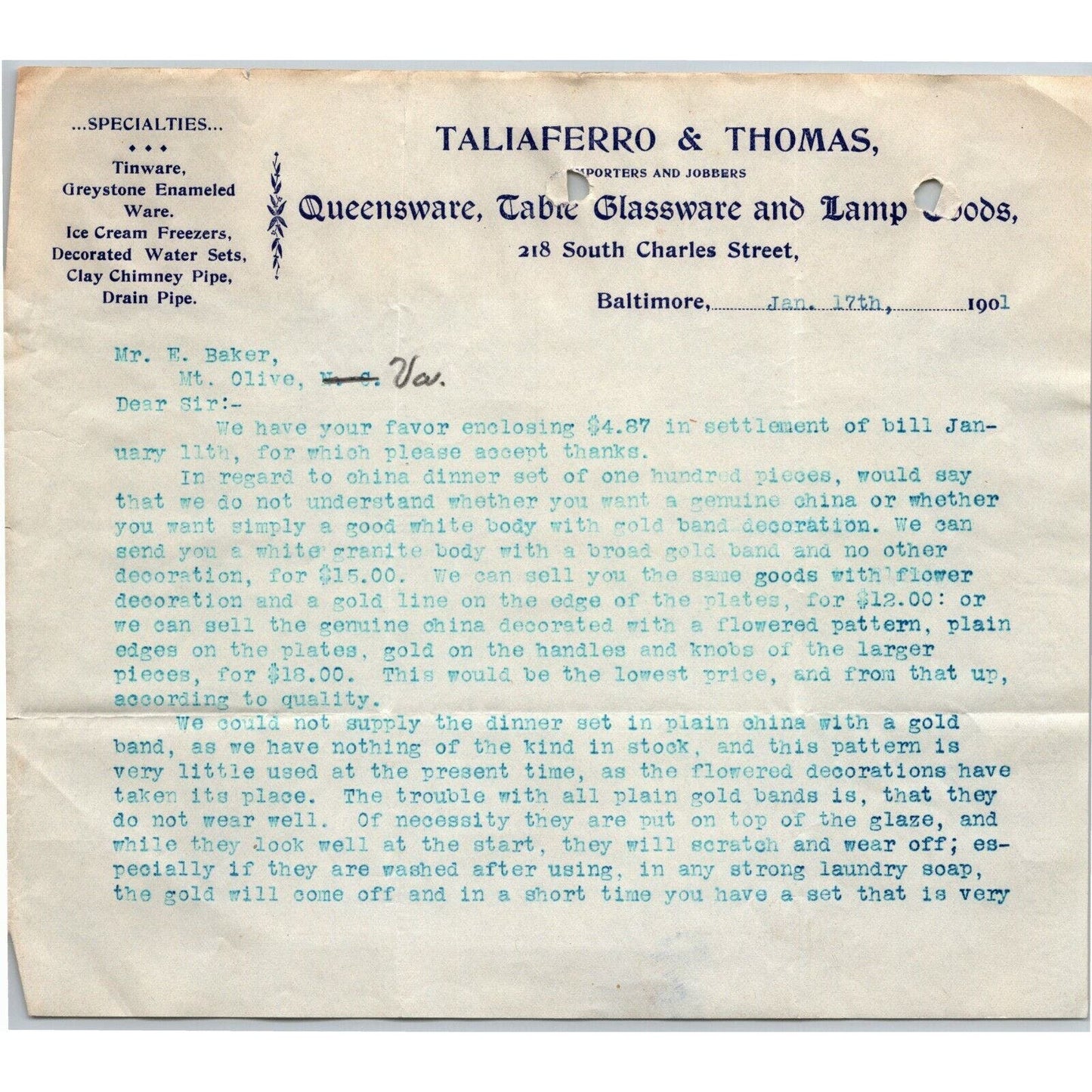 1901 Letterhead Taliaferro & Thomas Queensware Baltimore - Ephraim Baker*