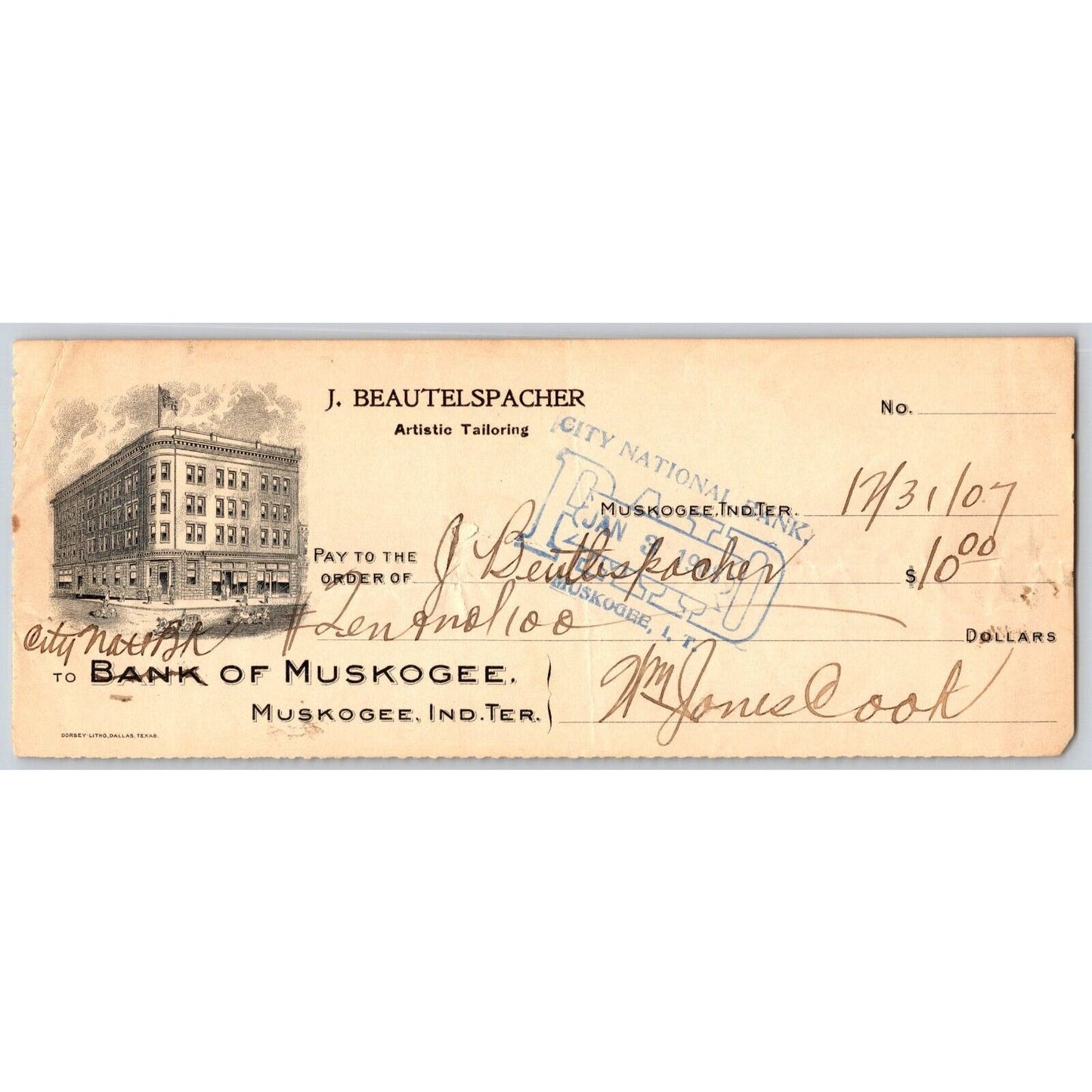 Muskogee, OK 1907 Indian Territory* J. Beautelspacher Tailor Bank Check Scarce