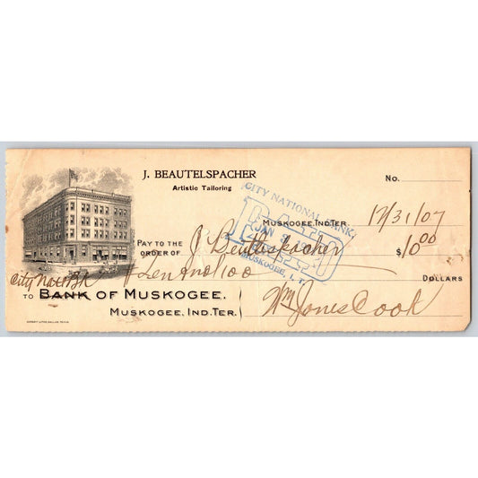 Muskogee, OK 1907 Indian Territory* J. Beautelspacher Tailor Bank Check Scarce