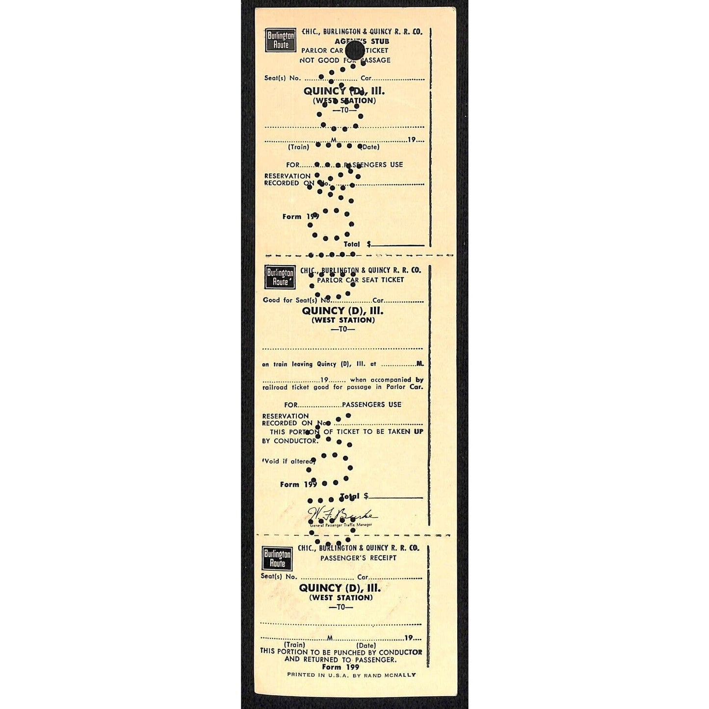 Burlington Route Quincy to Unused UNNUMBERED VOID SAMPLE Ticket 1966 Scarce