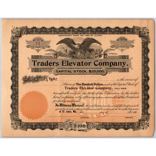 c1900 Stock Certificate "Traders Elevator Company" St. Louis, Mo / Illinois