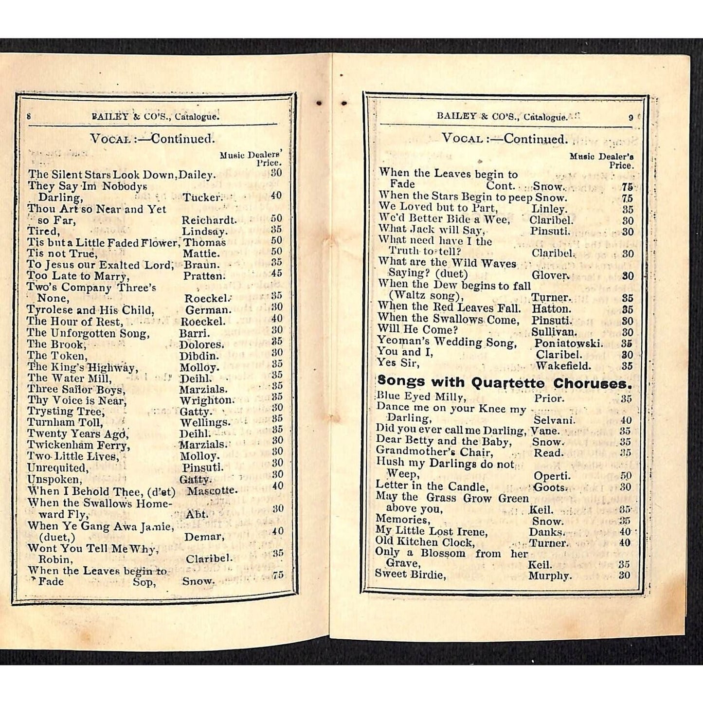 Bailey & Co's. Boston "Select Catalogue of Music" 19pp c1885 E.A. Bryant Printer