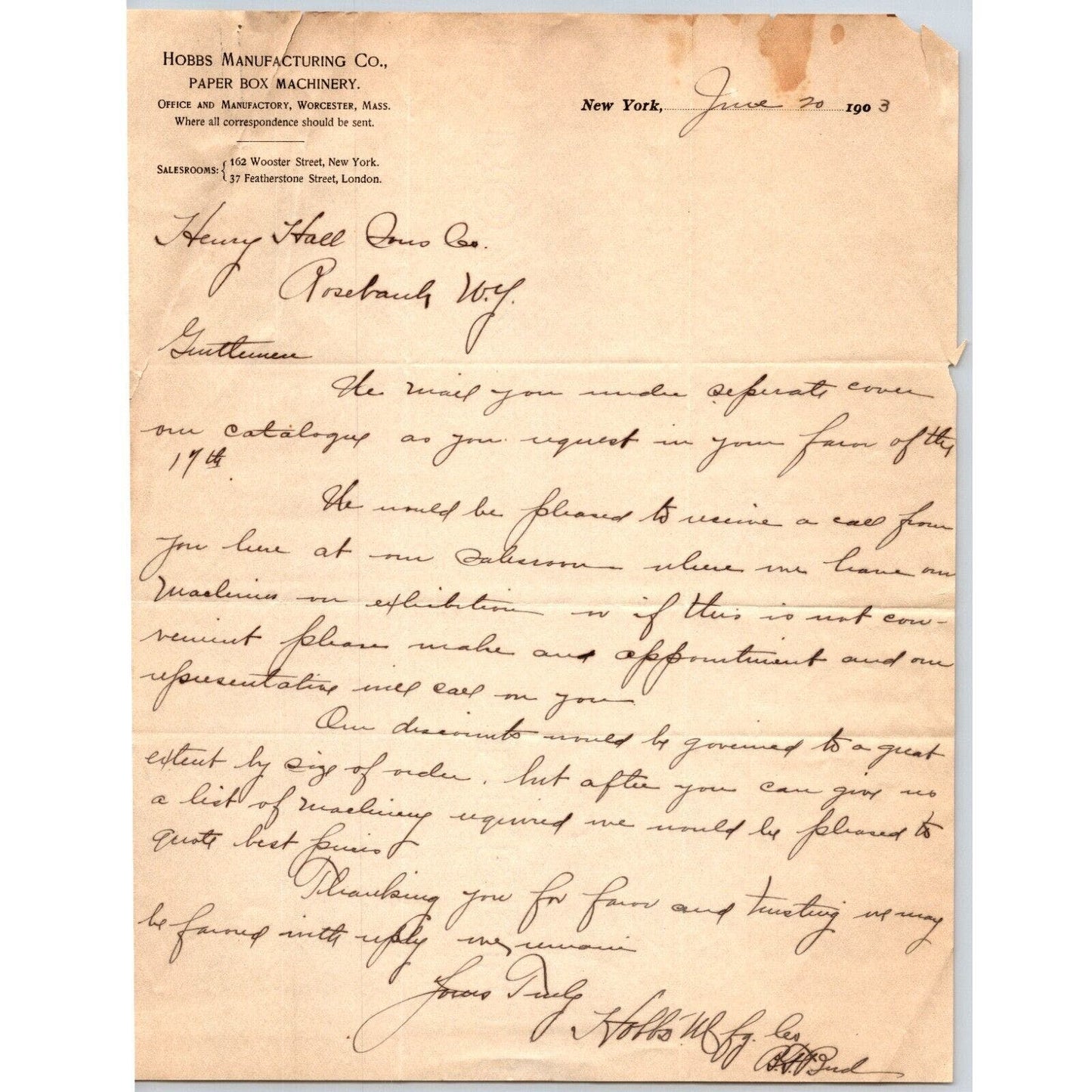 Hobbs Manufacturing Paper Box Machinery New York / Worcester 1903 Letterhead