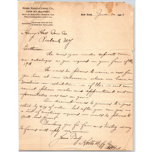 Hobbs Manufacturing Paper Box Machinery New York / Worcester 1903 Letterhead