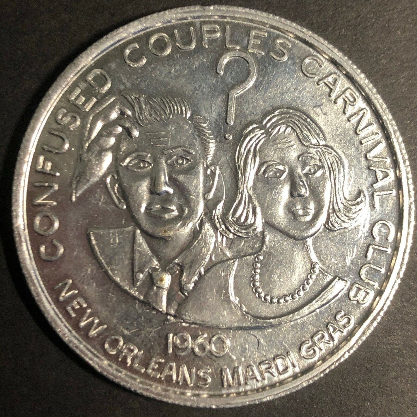 1982 39mm Funny Aluminum "1960 Confused Couple of Carnival" Mardi Gras Token