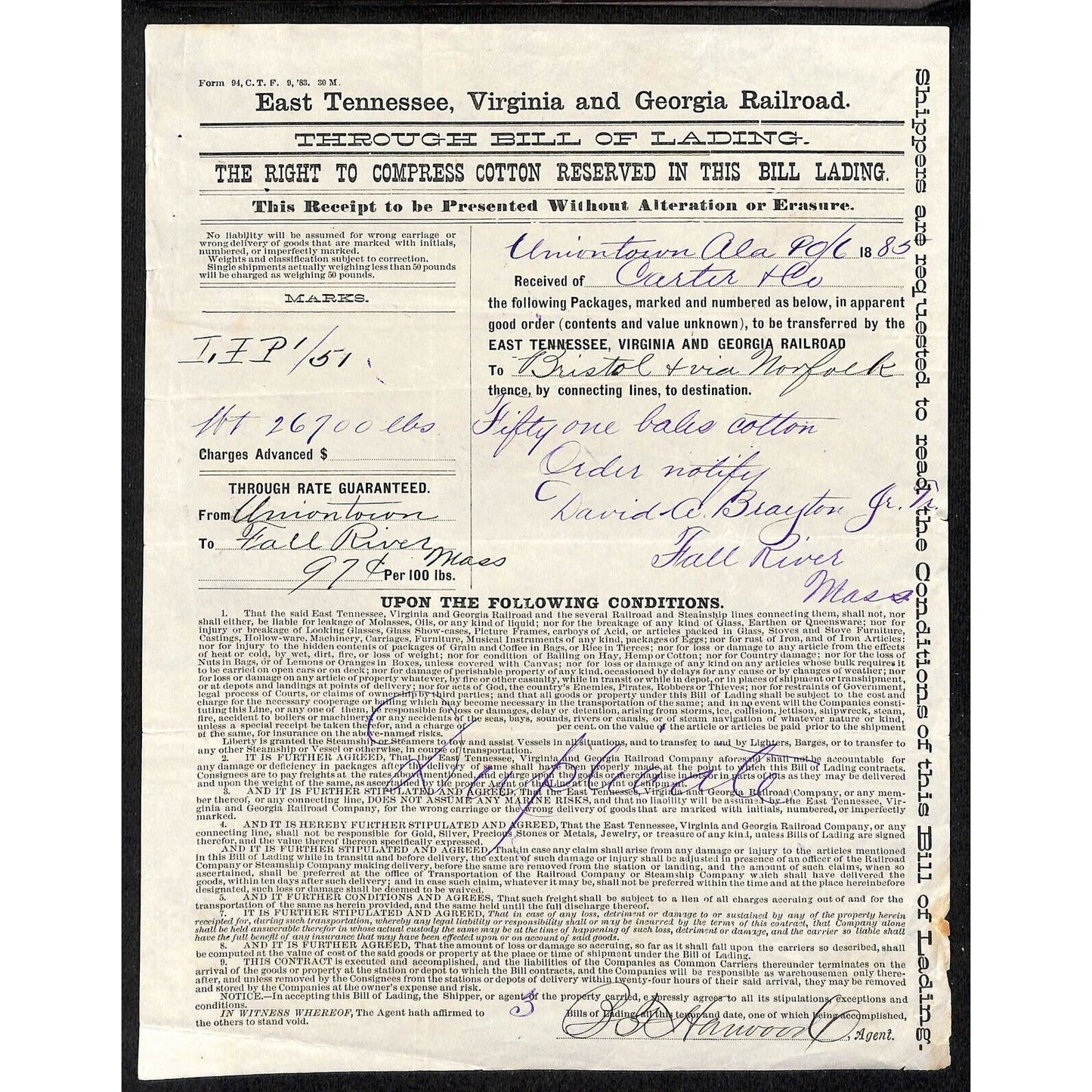 East Tennessee, Virginia Georgia Railroad 1885 Bill of Lading "Bales of Cotton"