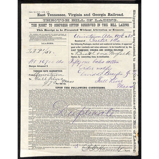 East Tennessee, Virginia Georgia Railroad 1885 Bill of Lading "Bales of Cotton"