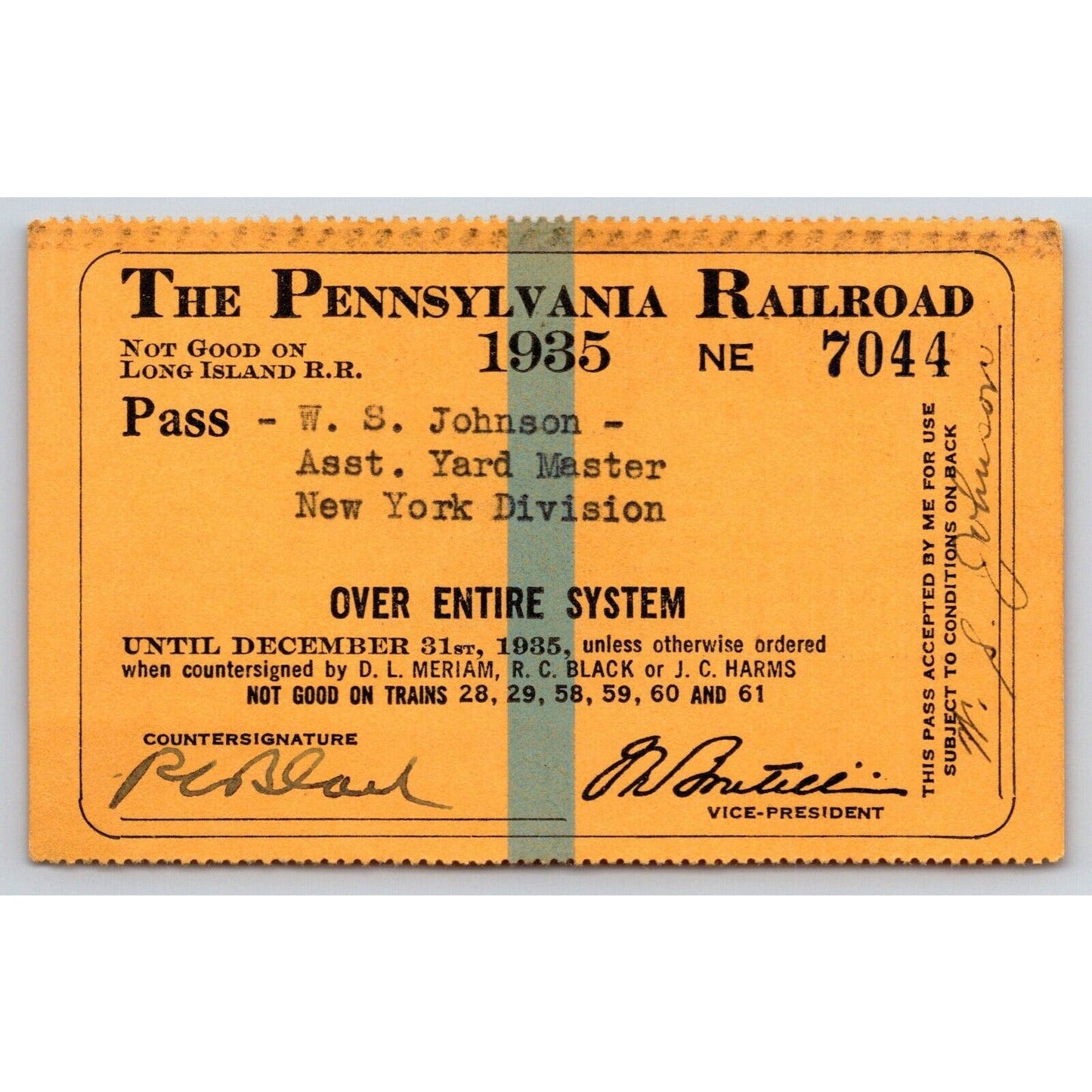 Pennsylvania Railroad 1935 Yearly Pass Employee Asst. Yardmaster VGC