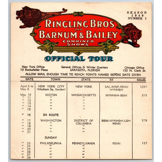 1949 Ringling Bros Barnum Bailey Circus Route Card Boston Philadelphia