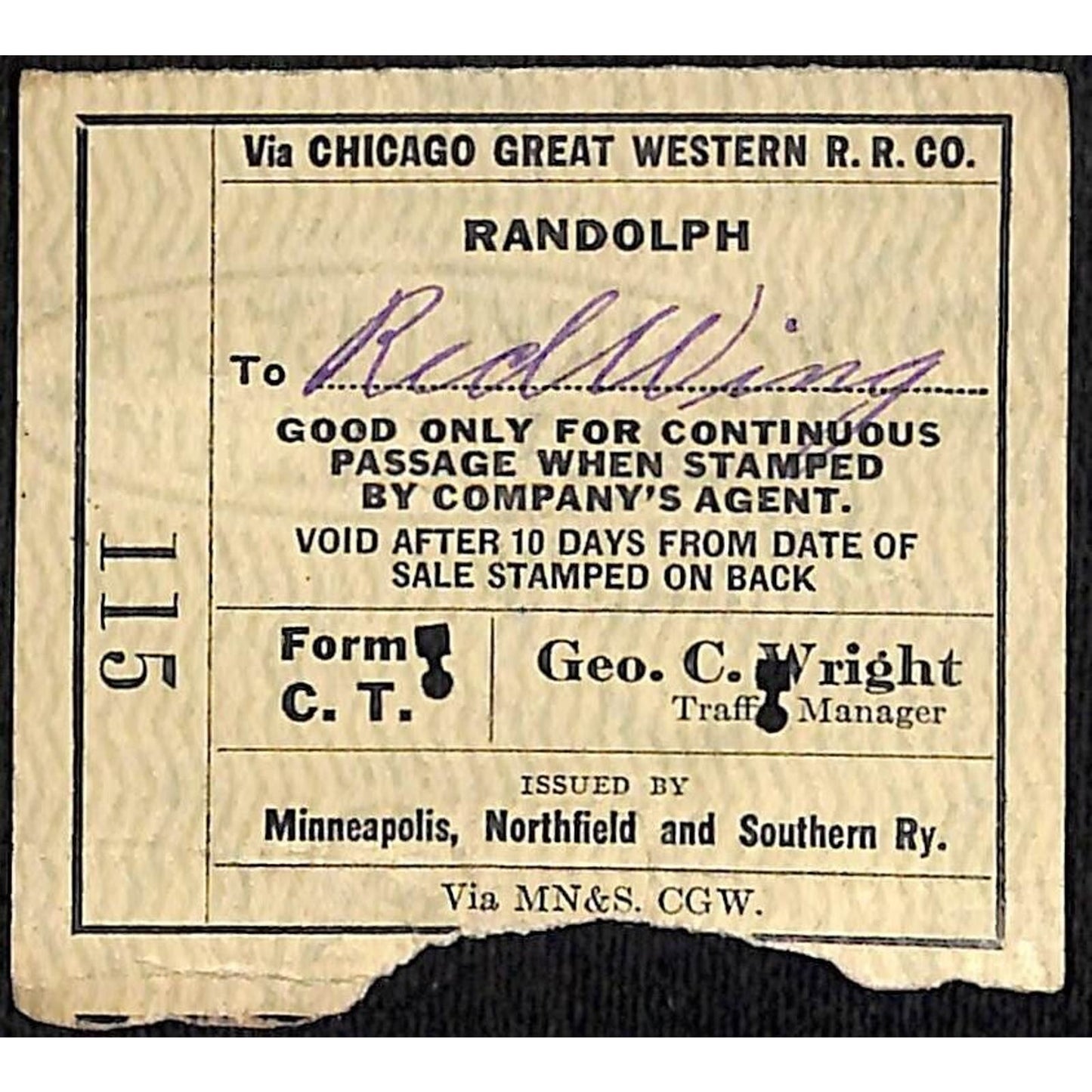 Minneapolis, Northfield and Southern Railway Ticket 1925 Randolph #115