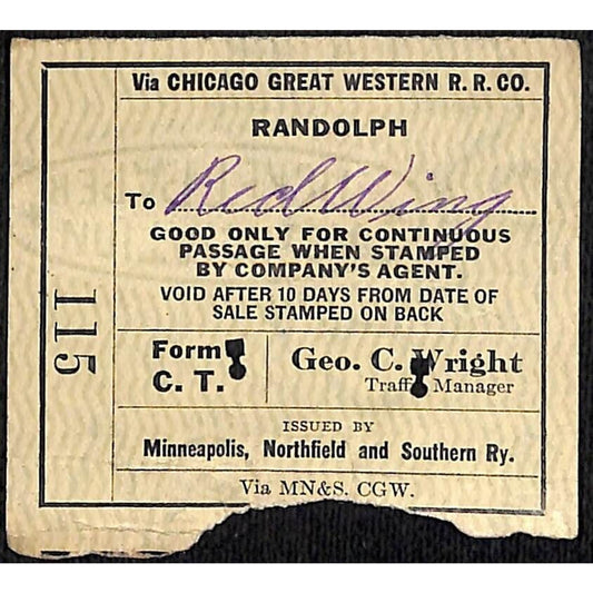 Minneapolis, Northfield and Southern Railway Ticket 1925 Randolph #115