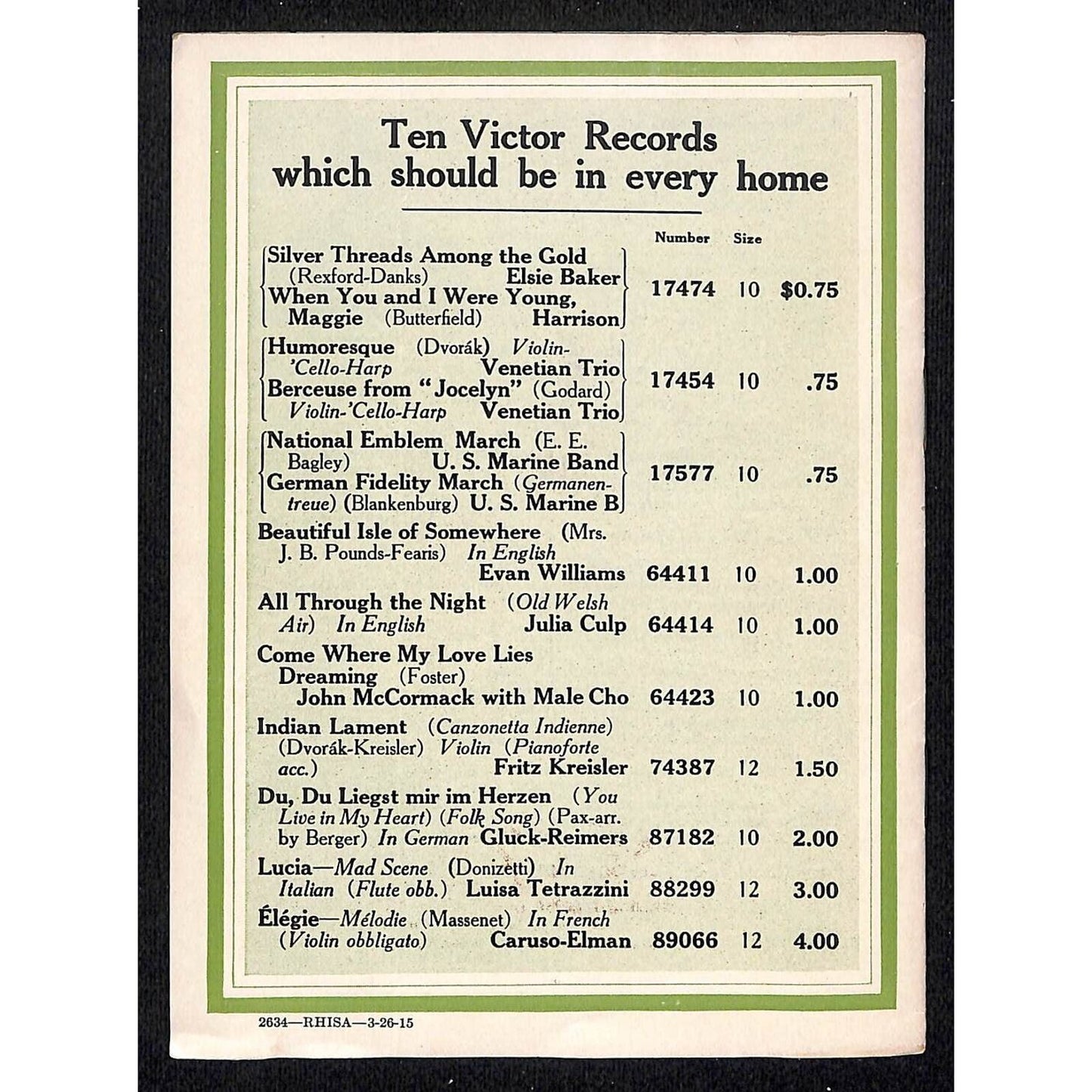 New Victor Records Catalog Supplement May 1915 Lyon & Healy Chicago 23pp. Scarce