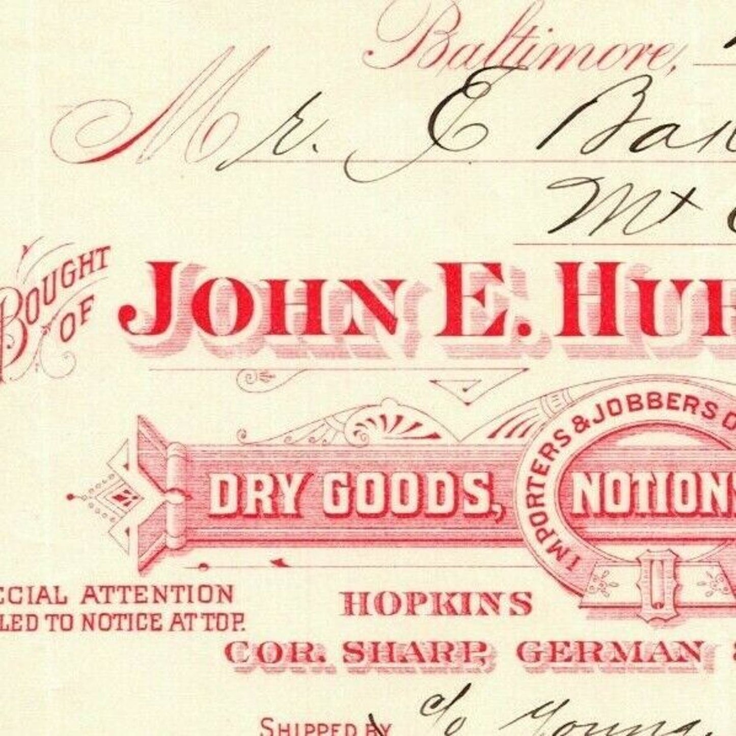 1898 $9.17 Letterhead Billhead John E. Hurst Dry Goods Baltimore Ephraim Baker*