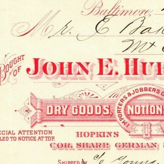 1898 $9.17 Letterhead Billhead John E. Hurst Dry Goods Baltimore Ephraim Baker*