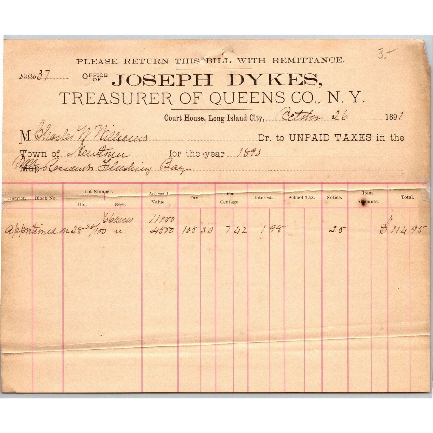 1891 Treasurer of Queens Co. Court House Long Island City NY Letterhead Tax