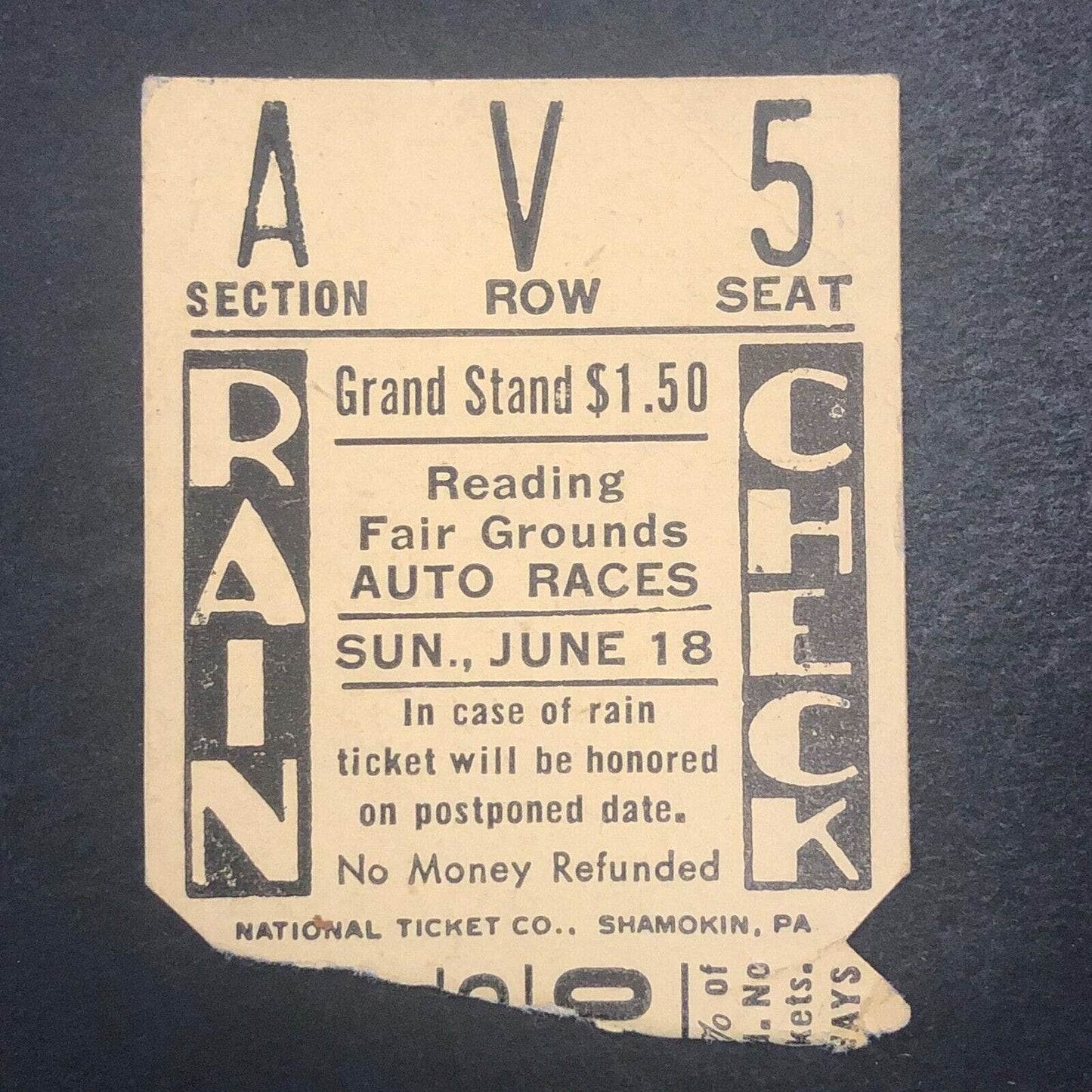 Reading Fair Speedway 6/18 1950 Auto Racing Rain Check Ticket Stub Schindler