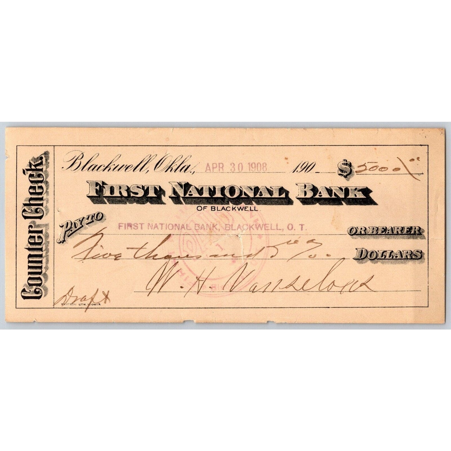 Blackwell, OK 1908 $5,000 First National Bank Check - Scarce