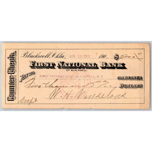 Blackwell, OK 1908 $5,000 First National Bank Check - Scarce