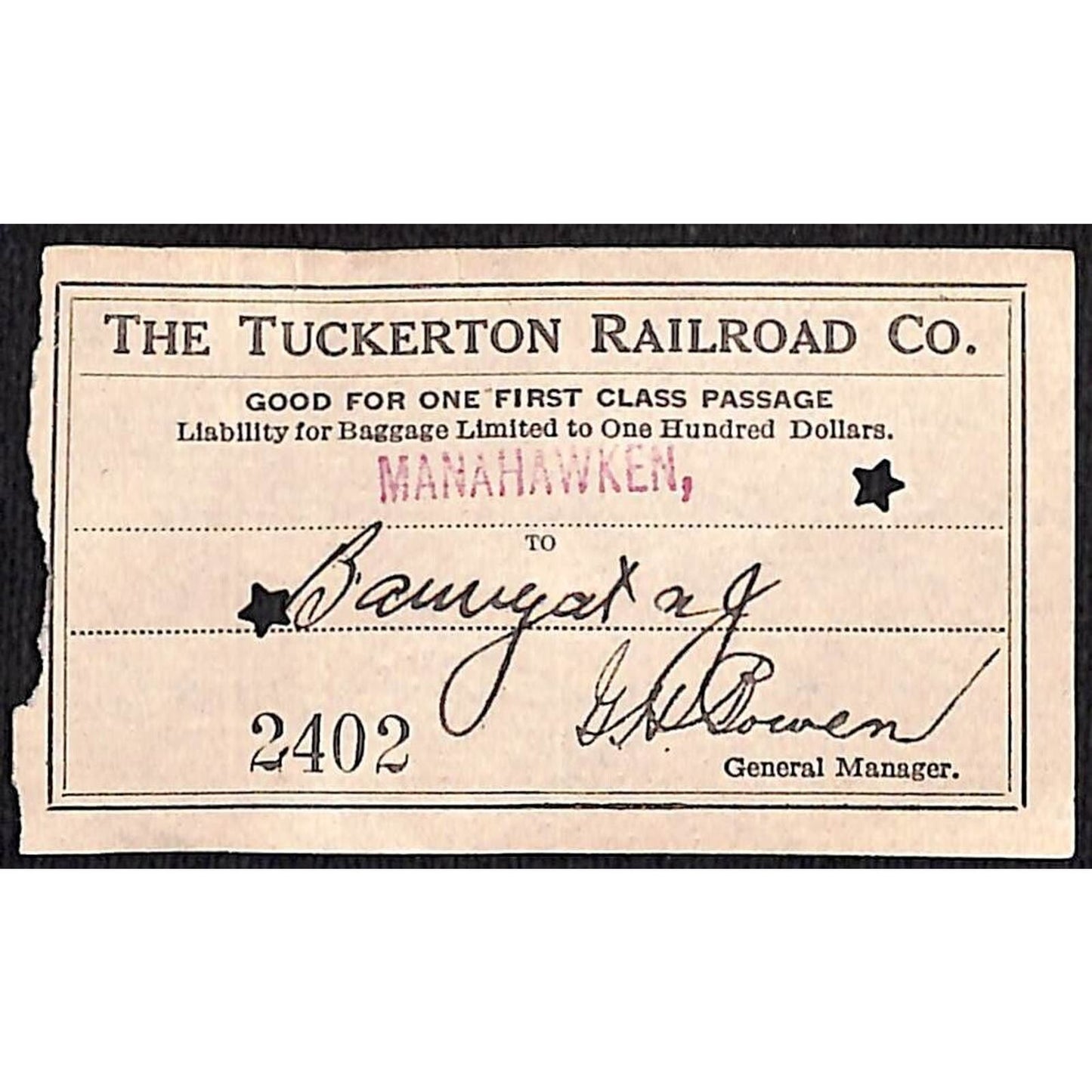 1931 Tuckerton Railroad First Class Ticket Manahawken, NJ Scarce #2402