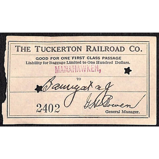 1931 Tuckerton Railroad First Class Ticket Manahawken, NJ Scarce #2402